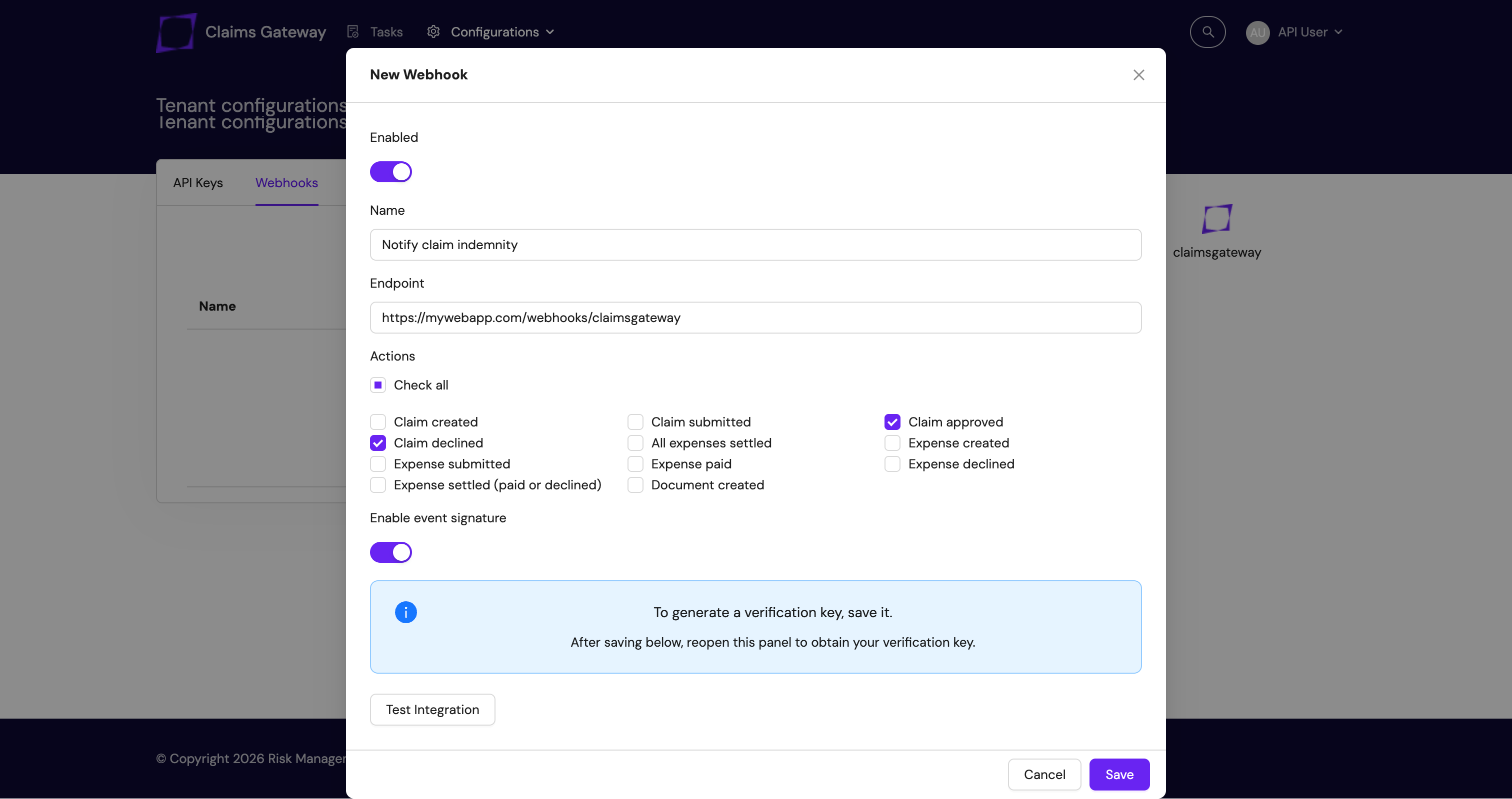 Screenshot of Webhooks creation page.