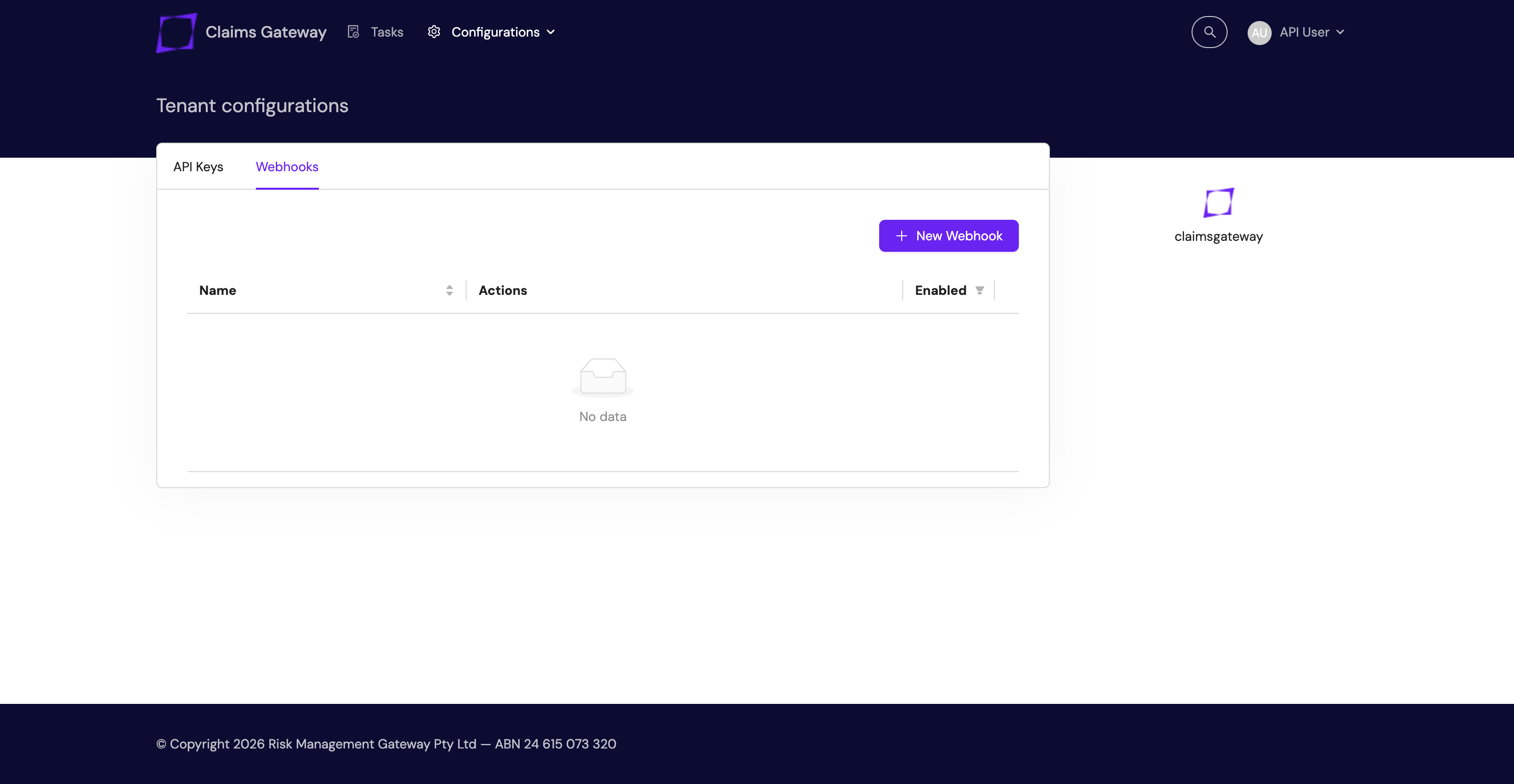 Screenshot of Webhooks page.